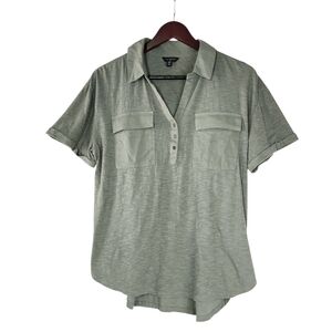 Lucky Brand Olive Green Slub Knit Polo Blouse Medium Casual Button V-Neck Pocket